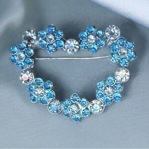 Vintage Blue Rhinestone Floral Heart Shaped Brooch